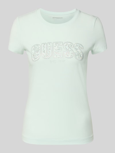 Produktfoto, Slim Fit T-Shirt mit Strasssteinbesatz von Guess aus elastischem Baumwoll-Mix, Rundhalsausschnitt, Logo-Detail, Farbe Hellgrün