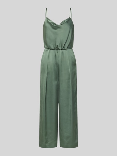 Produktfoto, Jumpsuit aus Satin mit Wasserfall-Ausschnitt von Jake*s Cocktail, zielone, gładka satynowa tkanina, krótki fason, długość całkowita 114 cm, szerokość w rozmiarze 36: 28 cm, długość nogawki od wewnątrz 56 cm