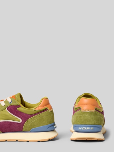 Produktfoto, Sneaker aus Leder-Mix mit Logo-Detail Modell 'City' von HOFF in Grün, Lila und Orange, profilierte Sohle, abgerundete Passform, Damen Sneaker, strukturierte Texturen, 2 cm Absatzhöhe, 9 cm Schafthöhe, 8 cm Schaftweite