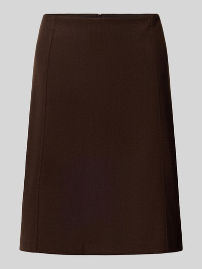 Produktfoto, Knielanger Rock mit Reißverschluss von Christian Berg Woman, braun, gerader Schnitt, Material-Mix mit Baumwoll-Anteil, neutraler Hintergrund.