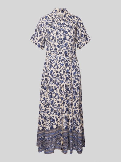 Produktfoto, Hemdblusenkleid aus reiner Viskose mit Bindegürtel Modell 'BlakeLL' von LOLLYS LAUNDRY, blaues Blumenmuster auf cremefarbenem Stoff, taillierter Schnitt, Midikleid, Hemdblusenkragen, Knopfleiste, kurze Ärmel mit Aufschlag, weich fallende Textur, Damen.