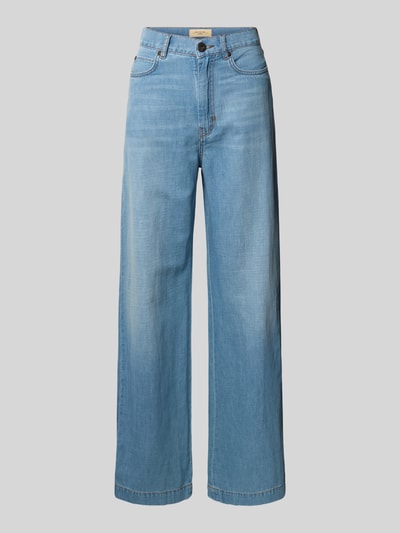 Produktfoto, Loose Fit Weite Hose aus Baumwoll-Leinen-Mix Modell 'LATINO' von Weekend Max Mara in Melange-Optik, hellblauer Farbton, 5-Pocket-Design, High-Waist, Label-Patch und Label-Stitching, Knopf und verdeckter Reißverschluss, Materialverarbeitung Batist