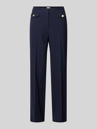 Produktfoto, donkerblauwe dames straight fit Leinenhose mit viscose, persplooien, klepzakken, sierknopen, model 'Alara' van SEDUCTIVE