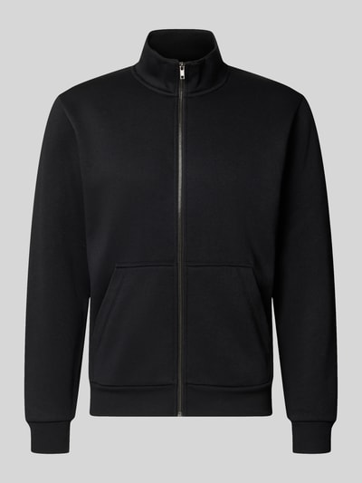 Produktfoto, schwarze Regular Fit Sweatjacke mit Baumwoll-Anteil Modell 'Bradley' von JACK & JONES, Stehkragen, Reißverschluss, Kängurutasche, glatte Oberfläche