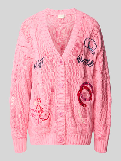 Productfoto, roze Cardigan mit Motiv-Stitchings und V-Ausschnitt van Milano Italy uit katoenmix, loose fit, knopen, motiefstiksels.