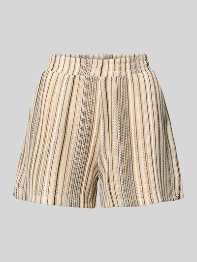Produktfoto, Regular Fit Shorts aus Strick Modell 'DEMI' von Vero Moda, kremowo-beżowe paski, krój regular fit, ażurowy wzór, elastyczny pas, kieszenie, dzianinowy materiał