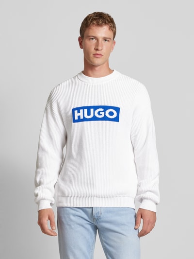 Hugo Blue Strickpullover mit Logo-Stitching Modell 'Seylo' Weiss 4