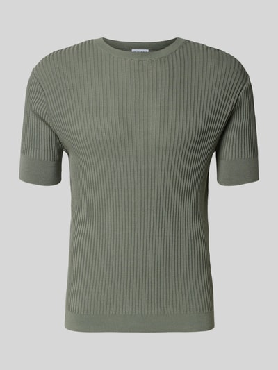 Produktfoto, Slim Fit T-Shirt mit Viskose-Anteil von Antony Morato in Oliv mit Strick-Optik und Rundhalsausschnitt, elastische Ärmel.