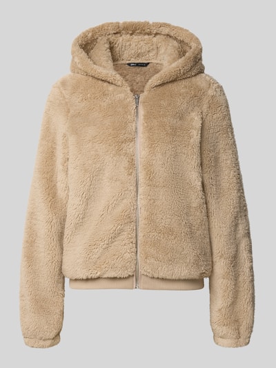 Produktfoto, Regular Fit Teddyjacke mit Kapuze Modell 'NEWANNA' von ONLY in beige mit weicher, flauschiger Textur vor grauem Hintergrund. Damen Sweatjacke von ONLY
