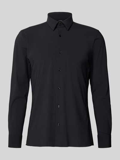 Produktfoto, schwarzes Slim Fit Businesshemd mit Kentkragen Modell 'P-HANK-S' von BOSS aus Performance-Stretch-Jersey, unifarben