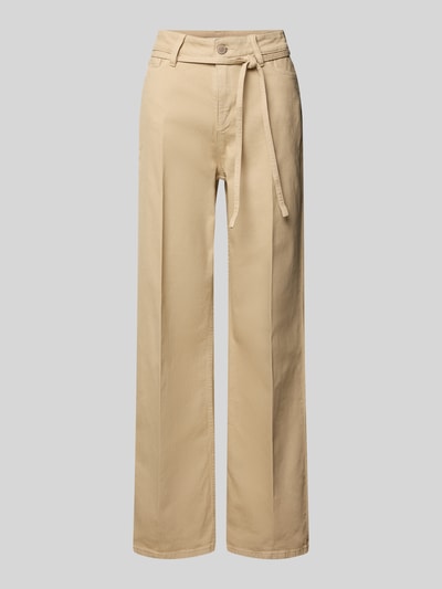 Produktfoto, Wide Fit Jeans mit Bügelfalten von Christian Berg Woman, beżowy materiał, elastyczna bawełna, odpinany pasek, 5 kieszeni, szerokość w rozmiarze 36/32: 107 cm, długość wewnętrzna nogawki: 77 cm