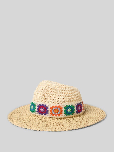 Produktfoto, Feodora mit Häkel-Bordüre Modell 'Boho' von Loevenich aus Reine Papier in natürlicher Flecht-Optik mit bunter Häkelbordüre.