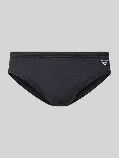 Produktfoto, Badehose mit Logo-Patch von Emporio Armani aus schwarzem Material-Mix mit Stretch-Anteil und elastischem Bund, Frontansicht