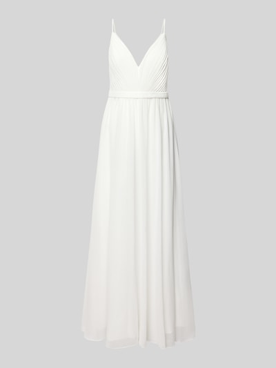 Produktfoto, Abendkleid mit Raffungen und tiefem V-Ausschnitt von Mascara aus weißem Chiffon, A-Linie, Maxikleid mit Spaghettiträgern, sanfte Textur