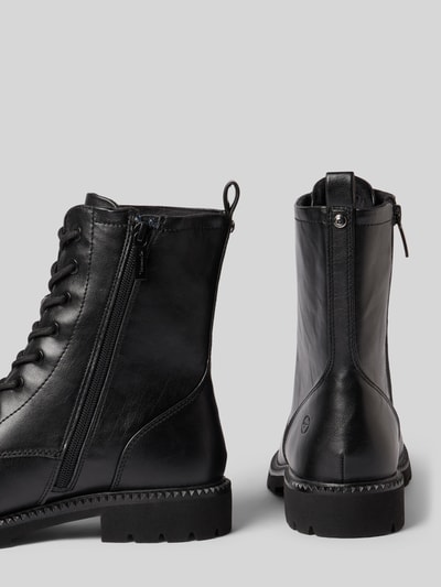 Produktfoto, zwarte Schnürstiefel mit ritssluiting van Tamaris, glad leer, grove zool, zilverkleurige details, Dames Schnürstiefel van Tamaris