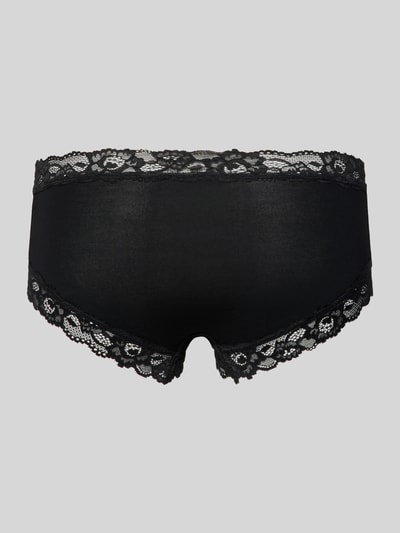 Frauenmodel trägt Slim Fit Panties mit Spitzenbesatz von Skiny, schwarz, florale Optik, elastischer Micromodal-Elasthan-Mix, Ganzkörperansicht Rückansicht.