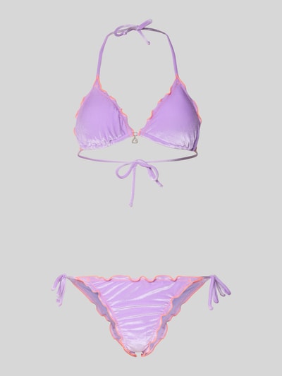 Produktfoto, Bikini-Set mit Stretch-Anteil Modell 'CIROLUMA' von Banana Moon, lawendowy kolor, muszlowe brzegi, trójkątna forma, elastyczny materiał, ozdobny wisiorek