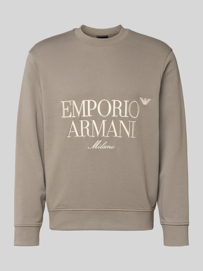 Produktfoto, Sweatshirt mit Label-Stitching von Emporio Armani aus reiner Baumwolle in Beige mit Rundhalsausschnitt und gerippten Abschlüssen, lockerer Schnitt
