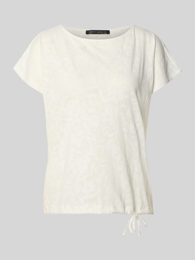 Produktfoto, T-Shirt mit Kordelzug am Saum und Rundhalsausschnitt von Betty Barclay, Damen T-Shirt im Straight Fit, Material-Mix mit Baumwoll-Anteil, dezentes florales Muster, Rückenlänge 60 cm bei Größe 36, Schnürung am Saum, helle Cremefarbe, glatte Textur