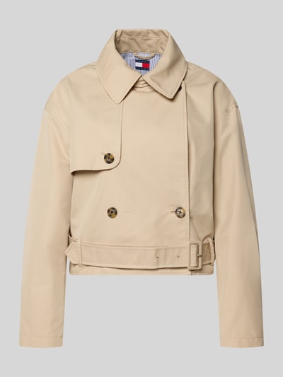 Produktfoto, Relaxed Fit Trenchcoat aus Baumwoll-Mix von Tommy Jeans, beżowy twill, dwu­rządowe guziki, pasek, naszywka z logo, długość cropped