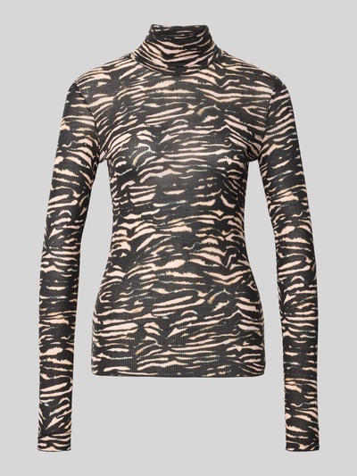 Produktfoto, Slim Fit Longsleeve aus reinem Lyocell von Lanius, dames shirt met lange mouwen met all-over dierenprint en structuurpatroon, opstaande kraag, ruglengte maat 36: 58 cm