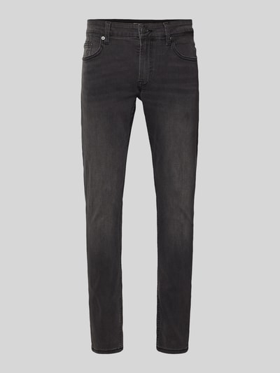 Produktfoto, Stone Washed Slim Fit Jeans von ONLY & SONS, dunkle graue Baumwollmischung mit Stretch-Anteil, 5-Pocket-Design, Knopf- und Reißverschluss, Label-Patch, Modell Loom, glatte Textur.