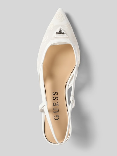 Produktfoto, Pumps mit Logo-Applikation Modell 'Yanno' von Guess in Weiß, Semitransparente-Optik, Spitze Passform, Glatte Sohle, offene Ferse, Absatzhöhe 6 cm, elegante Textur