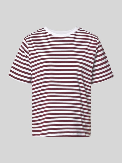 Produktfoto, T-Shirt mit Rundhalsausschnitt Modell 'NORA' von VILA aus Baumwoll-Elasthan-Mix, Regular-Fit, gestreift in Weiß und Dunkelrot, Rückenlänge 57 cm bei Größe S, Damen T-Shirt