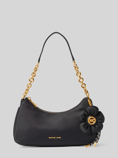 Produktfoto, Shoulder Bag mit floralem Accessoire Modell 'Nolita' von MICHAEL Michael Kors in Schwarz mit goldener Gliederkette, Logo-Detail, glatte Oberfläche, 24x25x6 cm, 52 cm Schulterriemen.