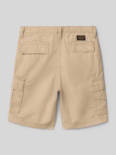 Produktfoto, beigefarbene Regular Fit Shorts mit Logo-Patch Modell 'Cole' von Jack & Jones, reine Baumwolle, Cargo-Taschen, Rückansicht