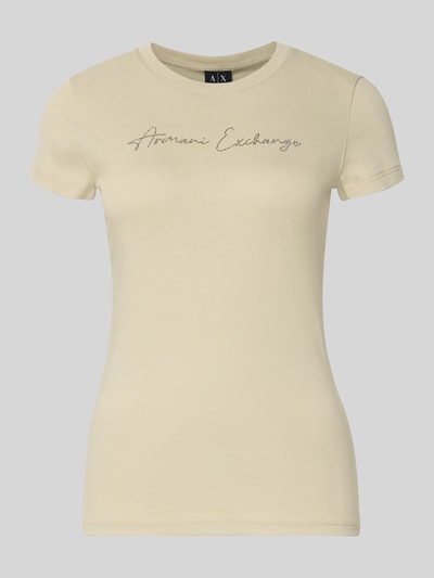 Produktfoto, T-Shirt mit Logo und Rundhalsausschnitt von ARMANI EXCHANGE, cremefarben, Reine Baumwolle, Slim-Fit, Rückenlänge 58 cm bei Größe S
