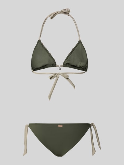 Produktfoto, Bikini mit Schnürung Modell 'YERODASIA KERANGA' von Banana Moon, Grün mit Beige, Material-Mix mit Stretch-Anteil, Körpernahe Passform, Bikini-Hose mit Label-Detail und seitlicher Schnürung.