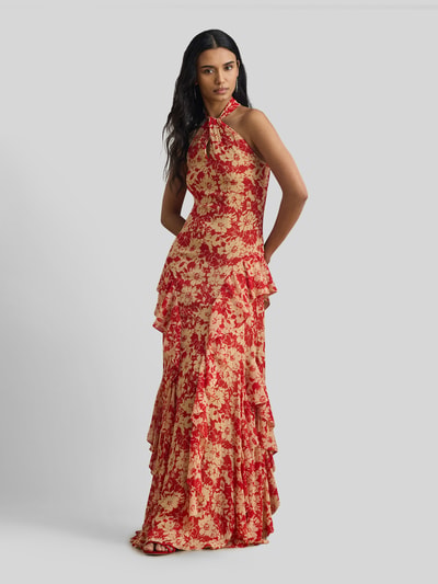 Lauren Ralph Lauren Körpernahes Neckholder Abendkleid mit Volants Rot 1