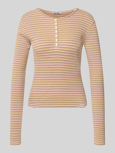 Produktfoto, Slim Fit Langarmshirt aus reiner Baumwolle von REVIEW, gestreift in Beige und Weiß mit Rundhalsausschnitt und Knopfleiste