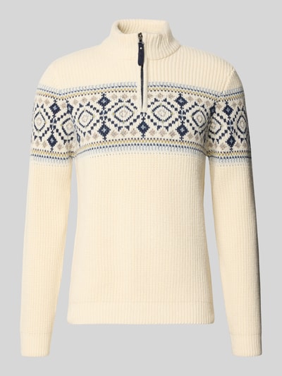 Produktfoto, Norwegerpullover aus Woll-Mix mit Troyer-Kragen van RAGMAN, heren, regular fit, ritssluiting, ruglengte maat M 70 cm, mouwlengte maat M 69 cm, crèmekleurig met blauw noors patroon, grof gebreide textuur