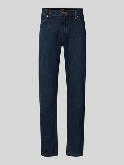 Produktfoto, dunkelblaue Tapered Fit Jeans aus Baumwoll-Mix Modell 'Redford' von Wrangler, glatte Oberfläche, dezente Nähte, Herren Tapered Fit Jeans von Wrangler