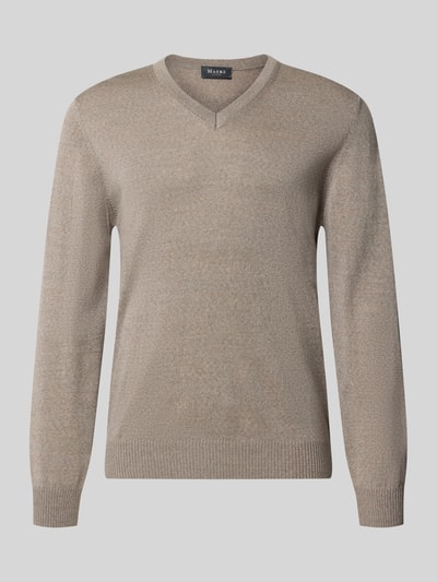Produktfoto, Regular Fit Strickpullover aus reiner Schurwolle mit V-Ausschnitt von MAERZ Muenchen in Beige, elastische Abschlüsse, glatte Textur
