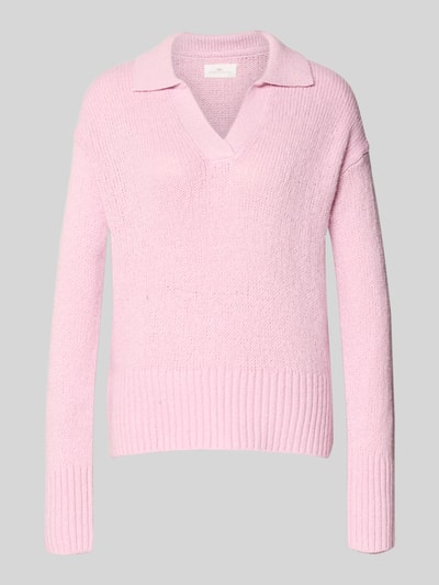 Produktfoto, Strickpullover mit V-Ausschnitt von Fynch-Hatton in Rosa, Baumwoll-Mix mit Stretch-Anteil, Resort-Kragen, gerippte Abschlüsse, lockerer Schnitt
