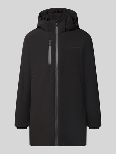 Produktfoto, Regular Fit Parka mit Logo-Print von Lindbergh, elastyczna mieszanka materiałów, czarny, kaptur z tunelem, zamek błyskawiczny, napoleońska kieszeń, Szerokość ramion w rozmiarze M: 50 cm, Szerokość klatki piersiowej w rozmiarze M: 58 cm, Długość tyłu w rozmiarze M: 90 cm, Długość rękawów w rozmiarze M: 65 cm