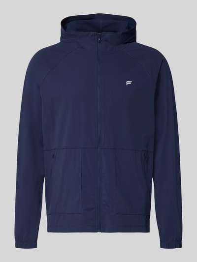 Produktfoto, Regular Fit Jacke mit Logo-Print von Fabletics in Dunkelblau, Reißverschluss, Kapuze, elastische Ärmel, glatte Textur