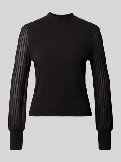 Produktfoto, Strickpullover aus Viskose-Mix mit Stehkragen von zero, schwarz, semitransparente Rippärmel, Regular Fit, glatte Textur
