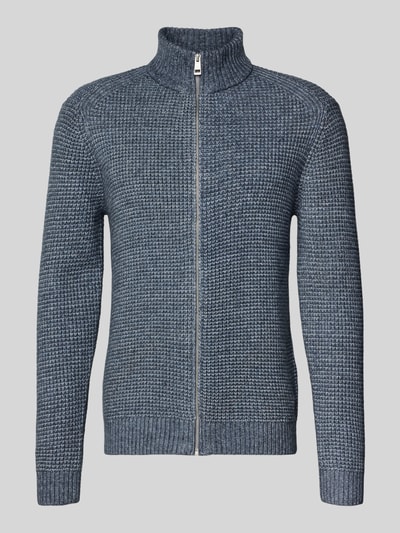 Produktfoto, Regular Fit Strickjacke mit Woll-Anteil von Tom Tailor in Melange-Optik, Blau, Stricktextur, Stehkragen, Reißverschluss, Label Patch