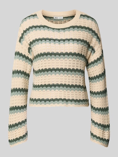 Produktfoto, Regular Fit Strickpullover aus Baumwoll-Mix Modell 'ASA' von ONLY, mehrfarbig, gestreift, Lochstrickmuster, Muschelsaum. Damen Strickpullover.