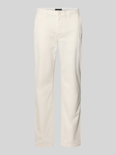 Produktfoto, Slim Fit Chino aus Baumwoll-Mix von Tommy Hilfiger, kolor jednolity, krój slim fit, bawełniany materiał, kieszenie boczne, tylne zapinane na guzik, szlufki, zapięcie na guzik i ukryty suwak, naszywka z logo.