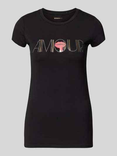 Produktfoto, T-shirt met siersteentjes van Guess, zwart, mix van katoen en elastaan, slim fit, ronde hals, ruglengte maat S 65 cm.