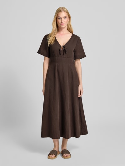 Neo Noir Sukienka lniana z rękawem o dł. 1/2 model ‘Ilsie’ Ciemnobrązowy 4