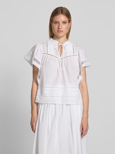 Oui Regular Fit Bluse mit Schnürung und Lochstickerei Weiss 4