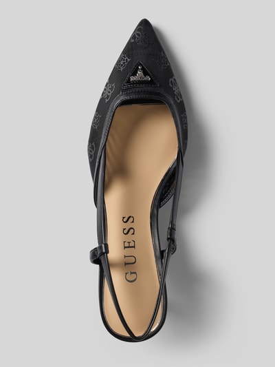 Productfoto, pumps met semi-transparant design en kant, open hiel, logo-applicatie, gladde zool, model 'Yanno' van Guess, hakhoogte 6 cm, maat 40