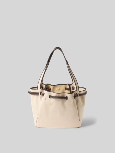Produktfoto, Bucket-Bag mit Drawstring-Verschluss von Tory Burch, Strukturmuster in Beige, langer Trageriemen, Innenfach, Maße: Breite 52 cm, Länge 28 cm, Tiefe 18 cm.