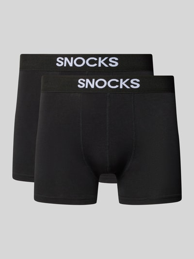 Produktfoto, Trunks mit Logo und elastischem Bund im 2er-Pack von Snocks, schwarz, Baumwoll-Elasthan-Mix, Körpernahe Passform.